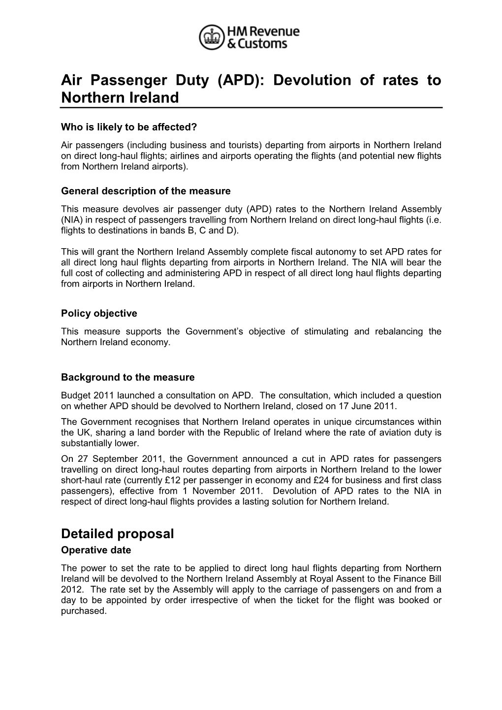 Air Passenger Duty (APD): Devolution of Rates to Northern Ireland