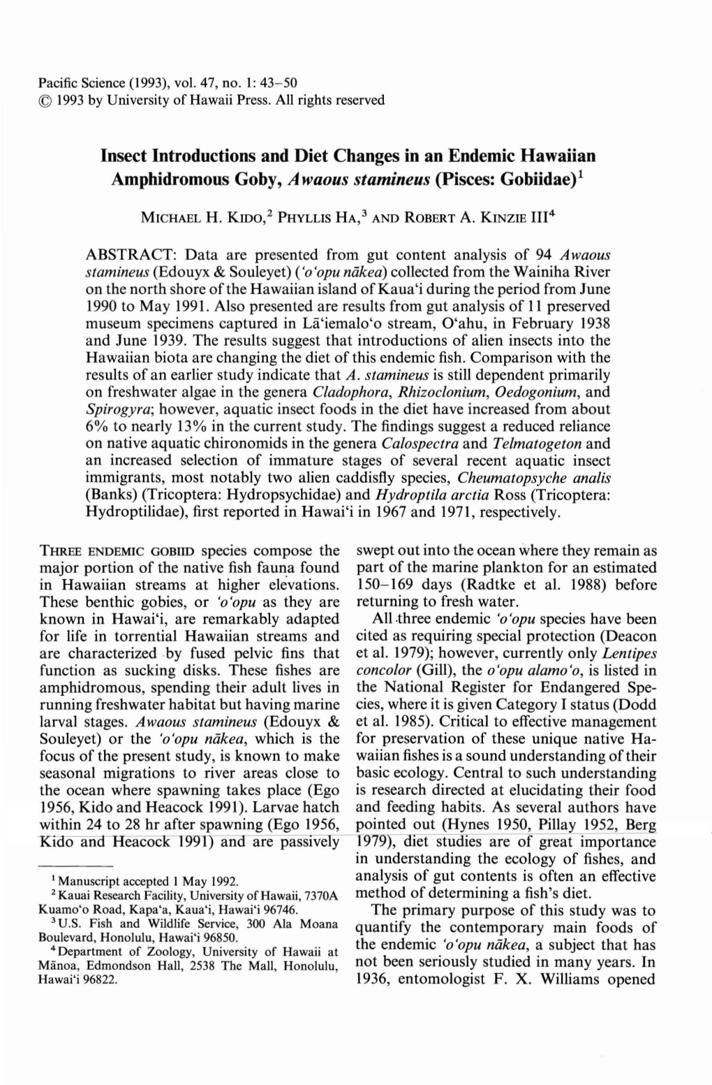 Insect Introductions and Diet Changes in an Endemic Hawaiian Amphidromous Goby, Awaous Stamineus (Pisces: Gobiidae)L