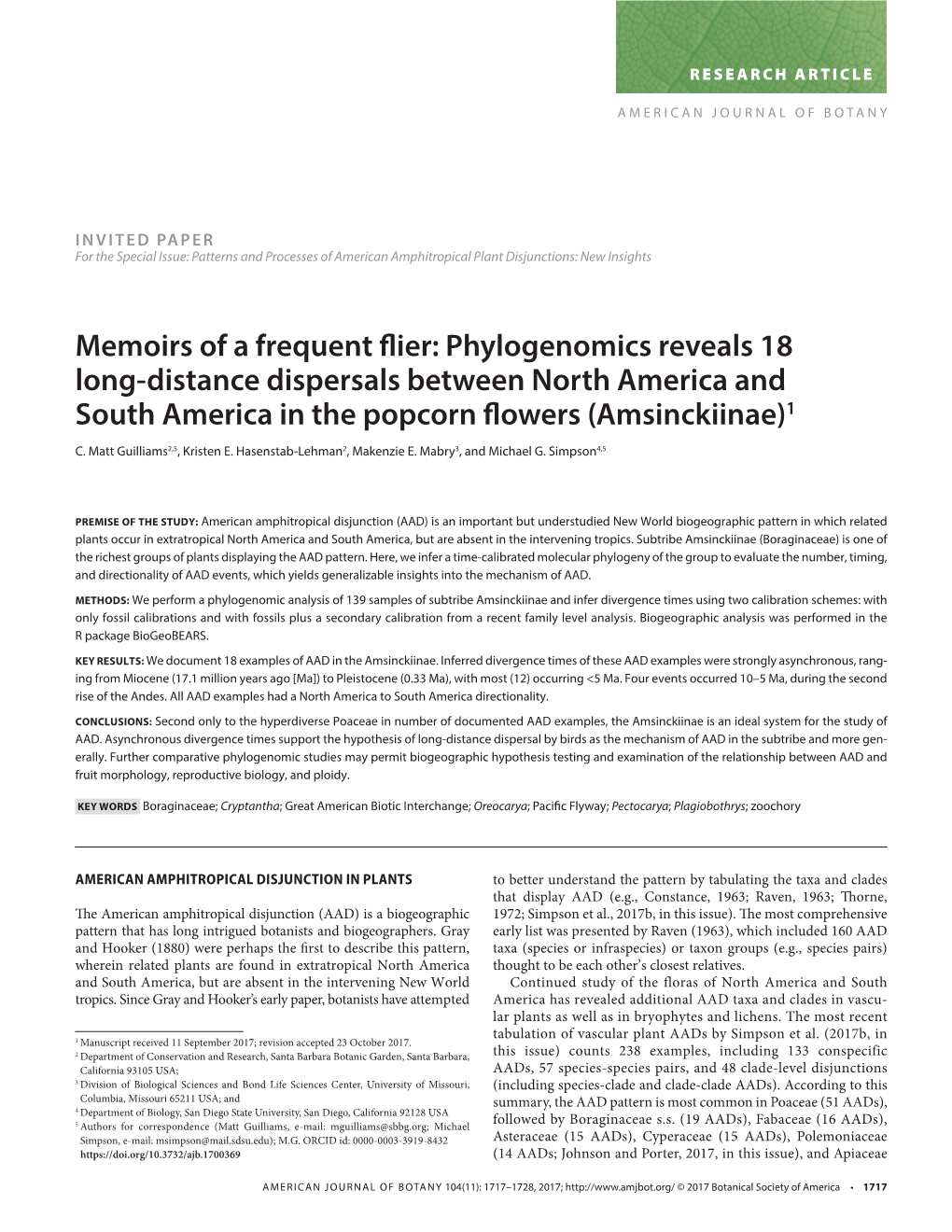 Phylogenomics Reveals 18 Long-Distance Dispersals Between North America and South America in the Popcorn Fl Owers (Amsinckiinae)1