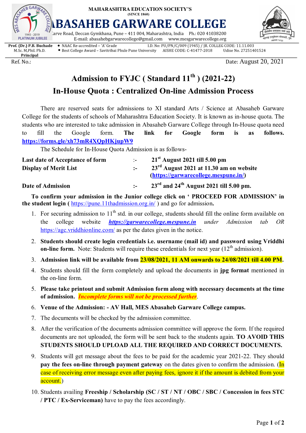 Xi Admission Notice 2021 Inho