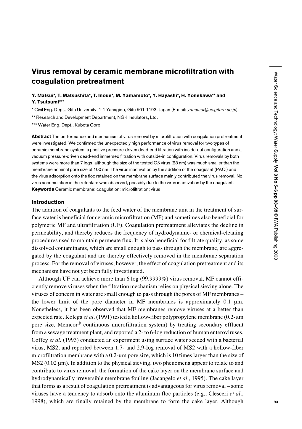 Virus Removal by Ceramic Membrane Microfiltration with Coagulation Pretreatment