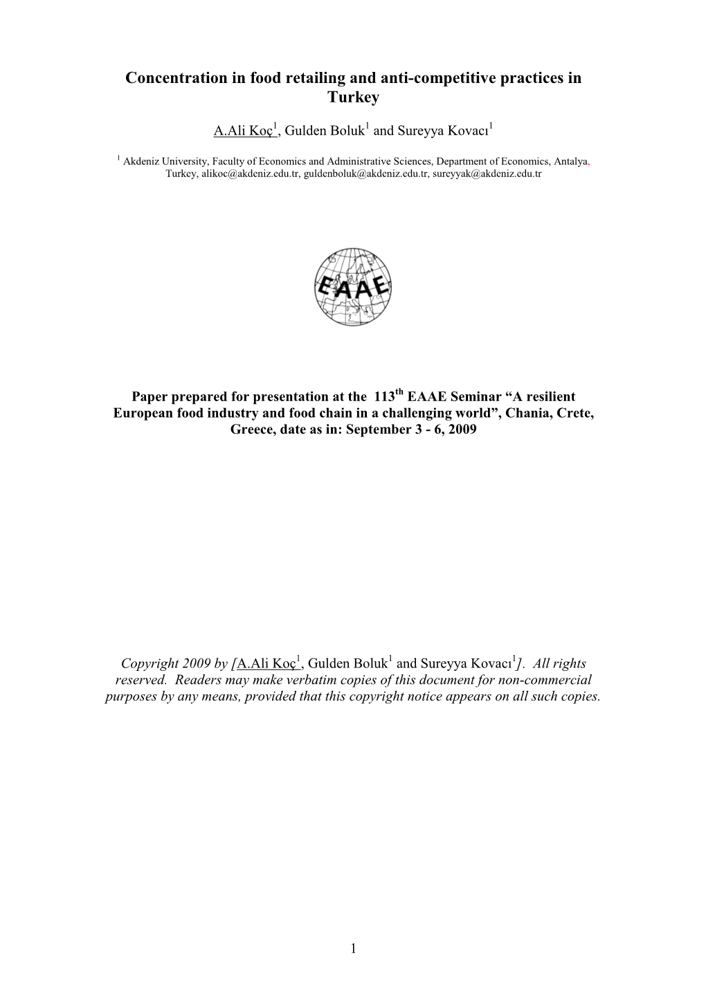 Concentration in Food Retailing and Anti-Competitive Practices in Turkey