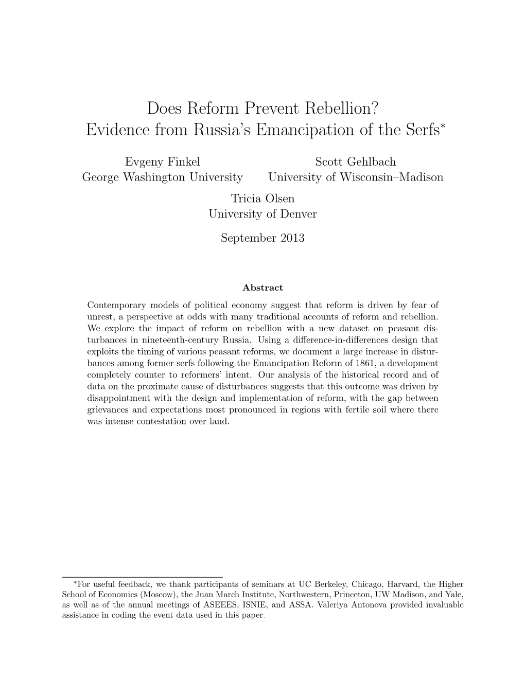 Does Reform Prevent Rebellion? Evidence from Russia's Emancipation of the Serfs