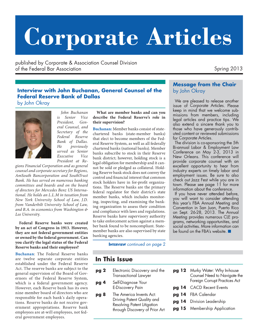 Corporate Articles Published by Corporate & Association Counsel Division of the Federal Bar Association Spring 2013