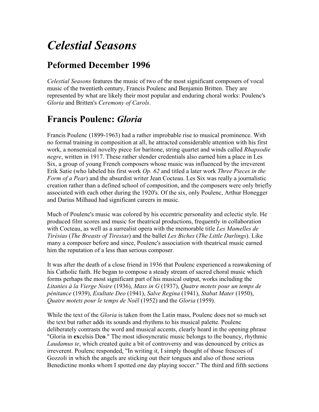 Celestial Seasons Peformed December 1996