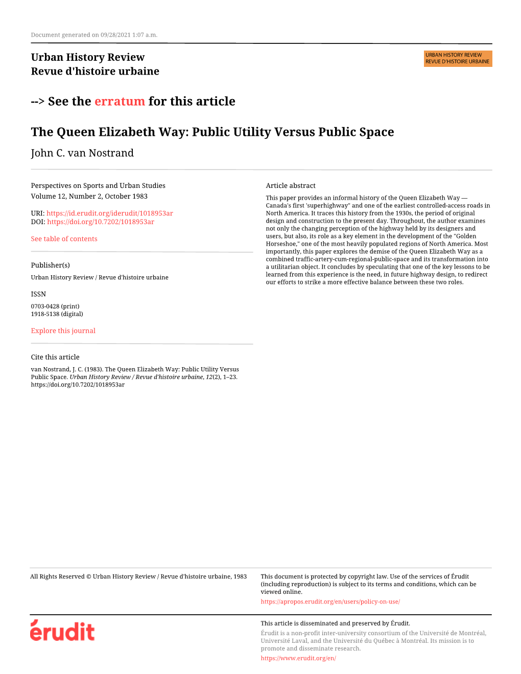 The Queen Elizabeth Way: Public Utility Versus Public Space John C