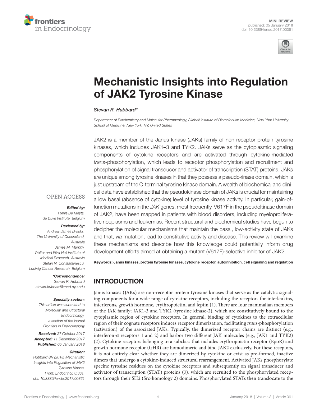 Mechanistic Insights Into Regulation of JAK2 Tyrosine Kinase