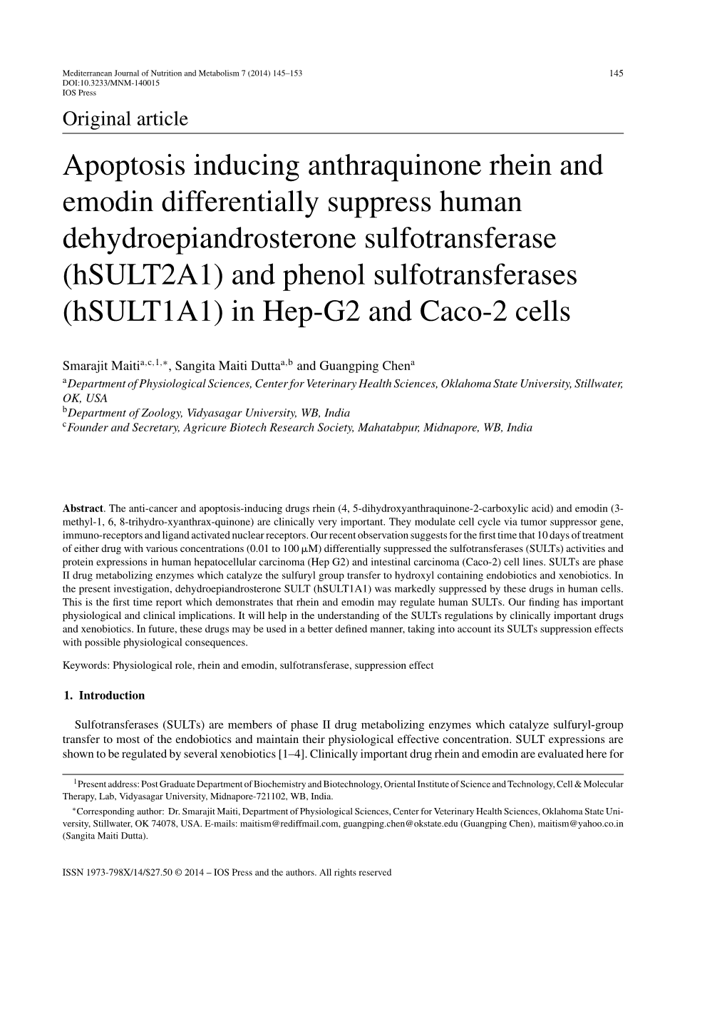 Apoptosis Inducing Anthraquinone Rhein and Emodin