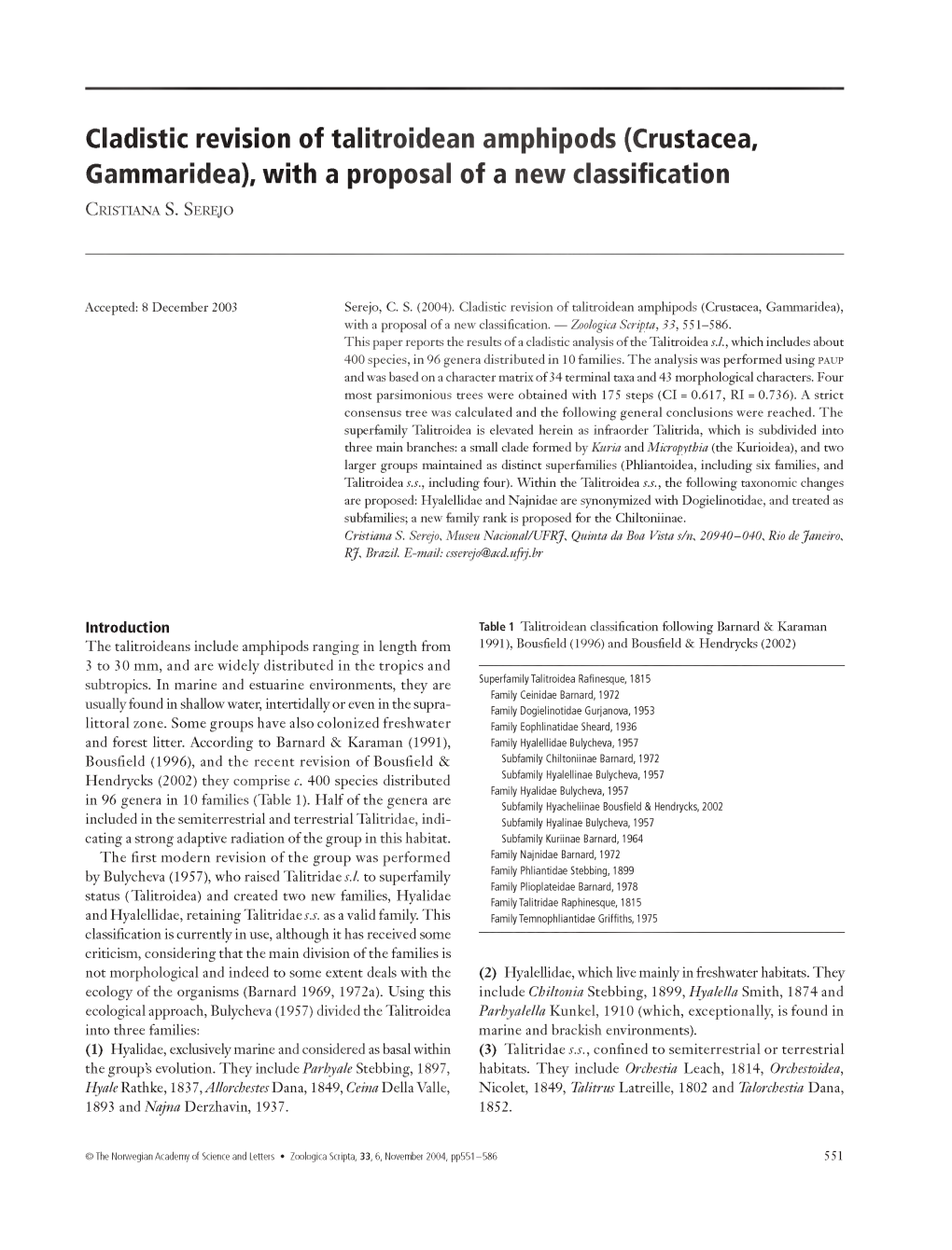 Cladistic Revision of Talitroidean Amphipods (Crustacea, Gammaridea), with a Proposal of a New Classification