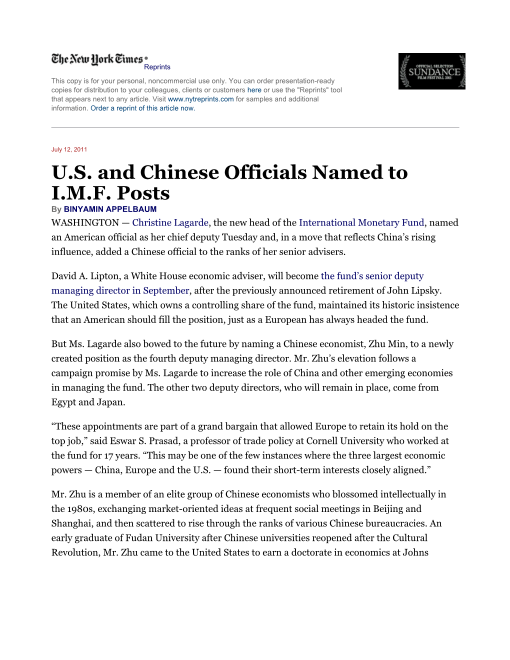 U.S. and Chinese Officials Named to I.M.F. Posts