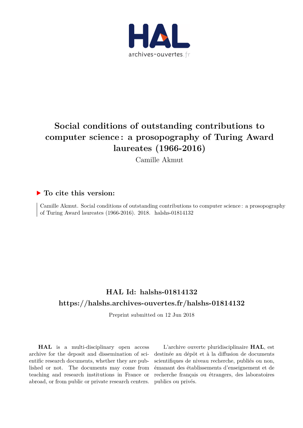 A Prosopography of Turing Award Laureates (1966-2016) Camille Akmut