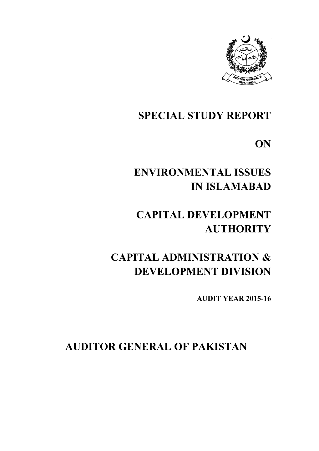 Special Study Report on Environmental Issues in Islamabad Capital