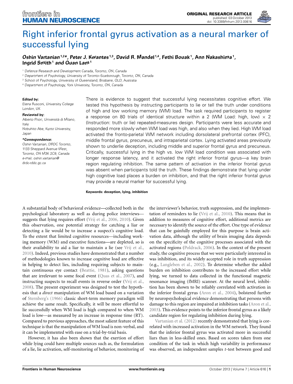 Right Inferior Frontal Gyrus Activation As a Neural Marker of Successful Lying