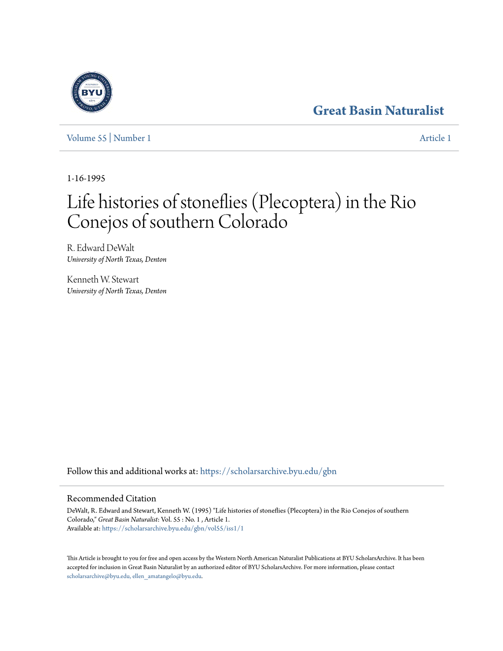 Life Histories of Stoneflies (Plecoptera) in the Rio Conejos of Southern Colorado," Great Basin Naturalist: Vol