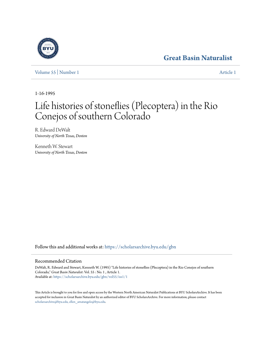 Life Histories of Stoneflies (Plecoptera) in the Rio Conejos of Southern Colorado,