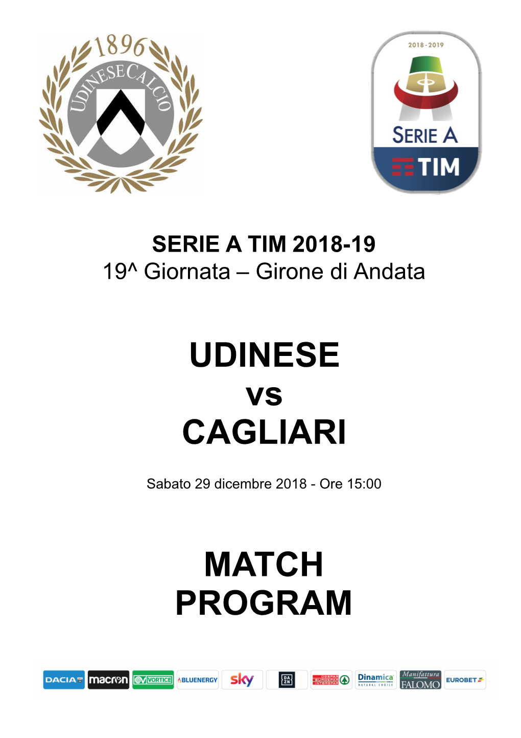 UDINESE Vs CAGLIARI MATCH PROGRAM