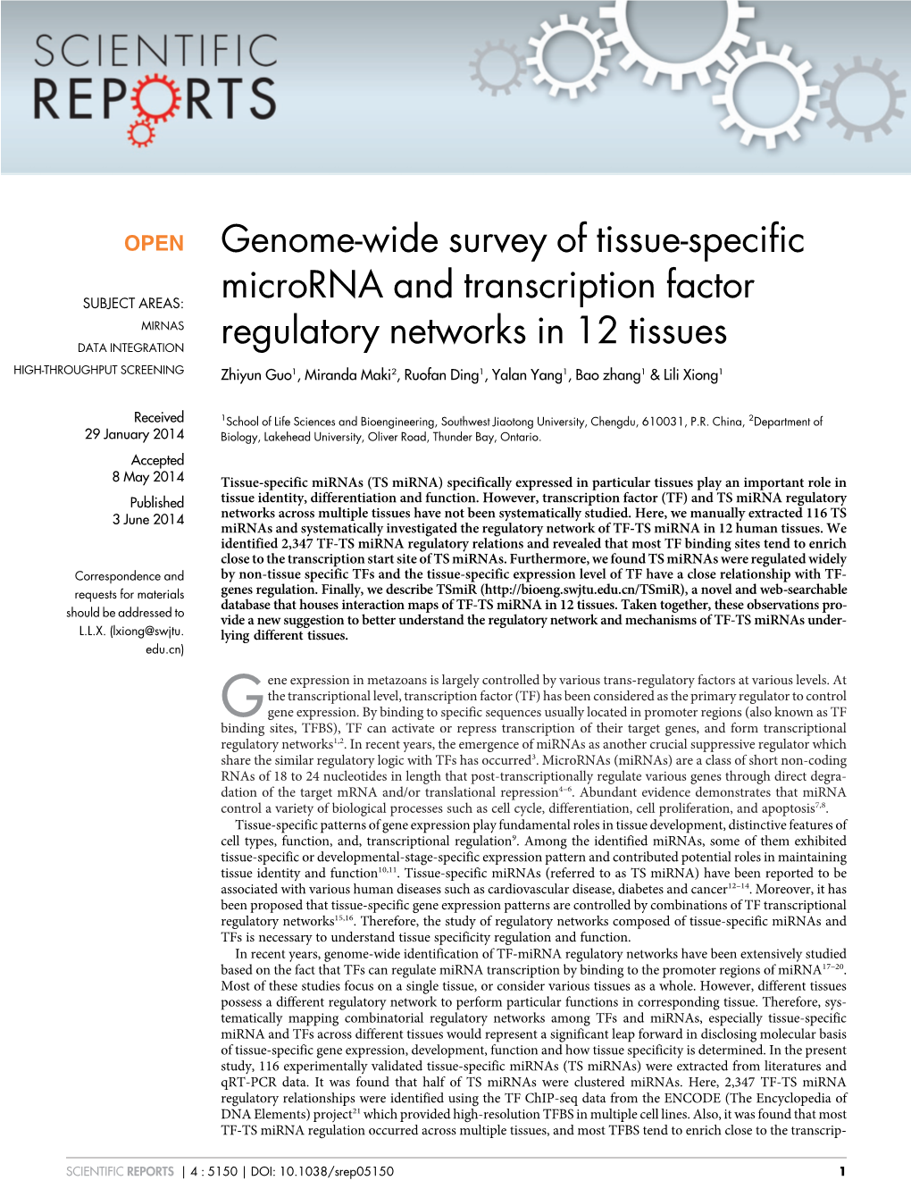 Genome-Wide Survey of Tissue-Specific Microrna and Transcription Factor Regulatory Networks in 12 Tissues