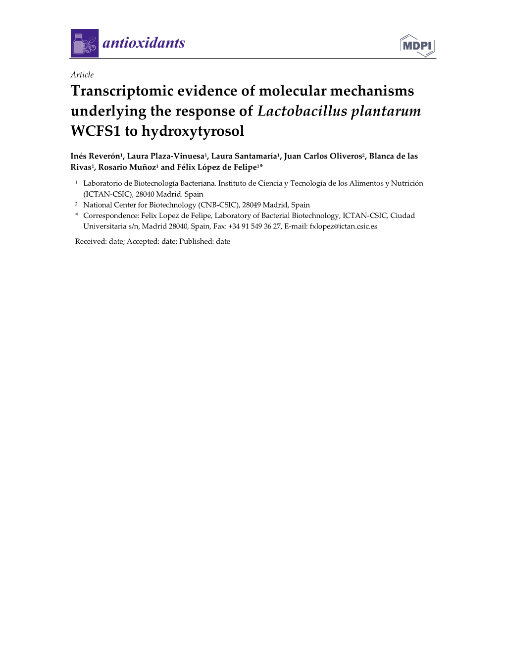 Transcriptomic Evidence of Molecular Mechanisms Underlying the Response of Lactobacillus Plantarum WCFS1 to Hydroxytyrosol