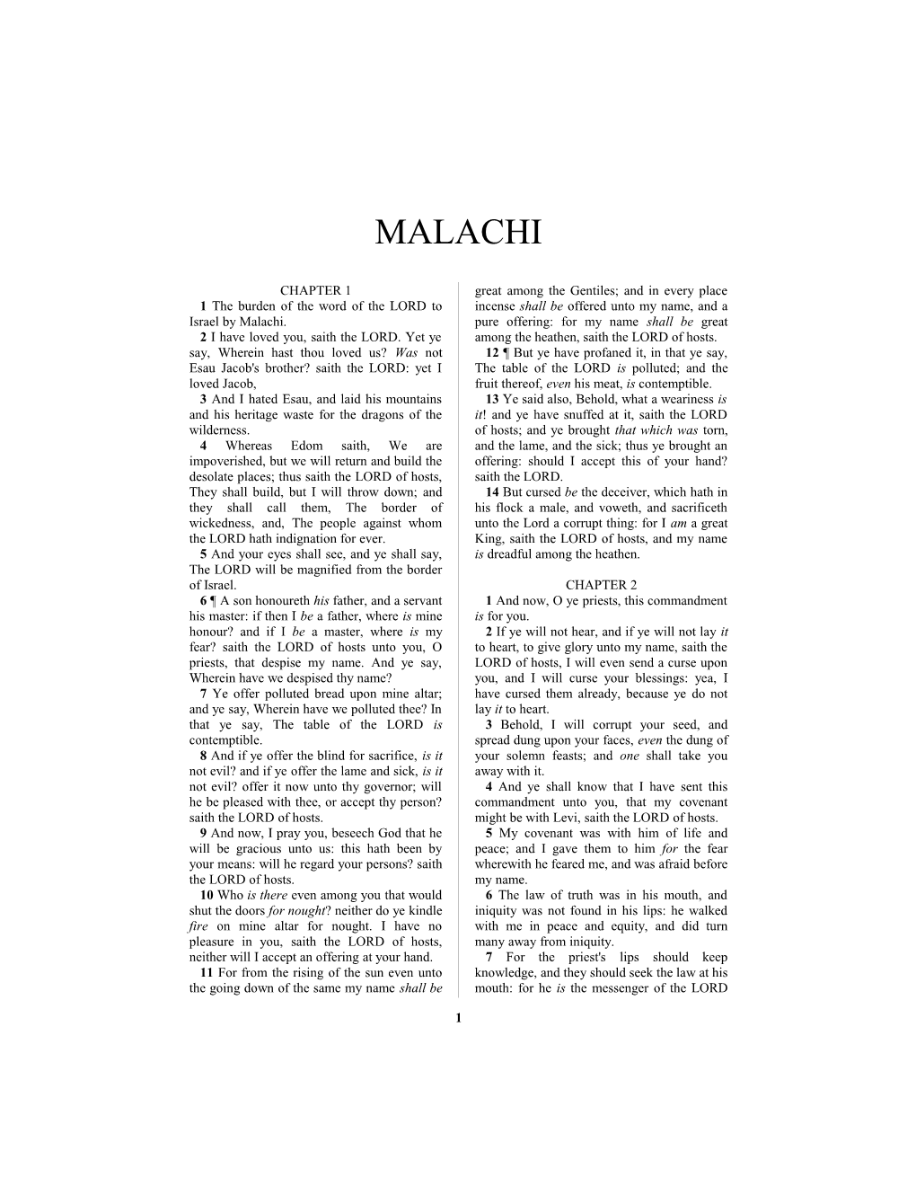 1 the Burden of the Word of the LORD to Israel by Malachi