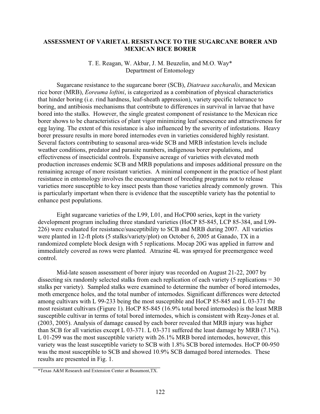 122 Assessment of Varietal Resistance to The