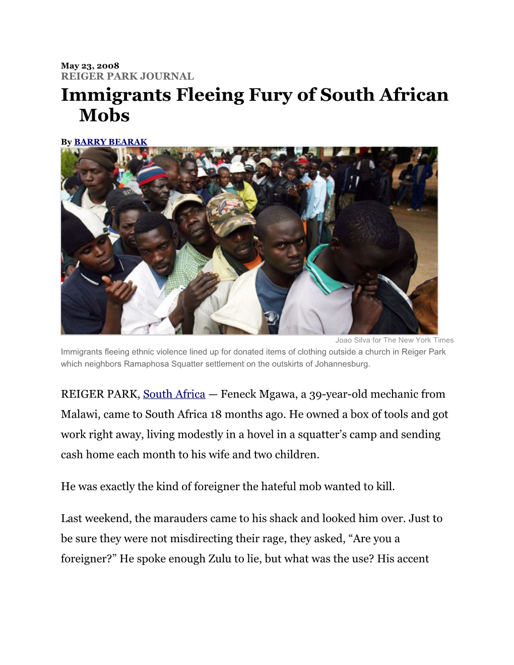 Immigrants Fleeing Fury of South African Mobs