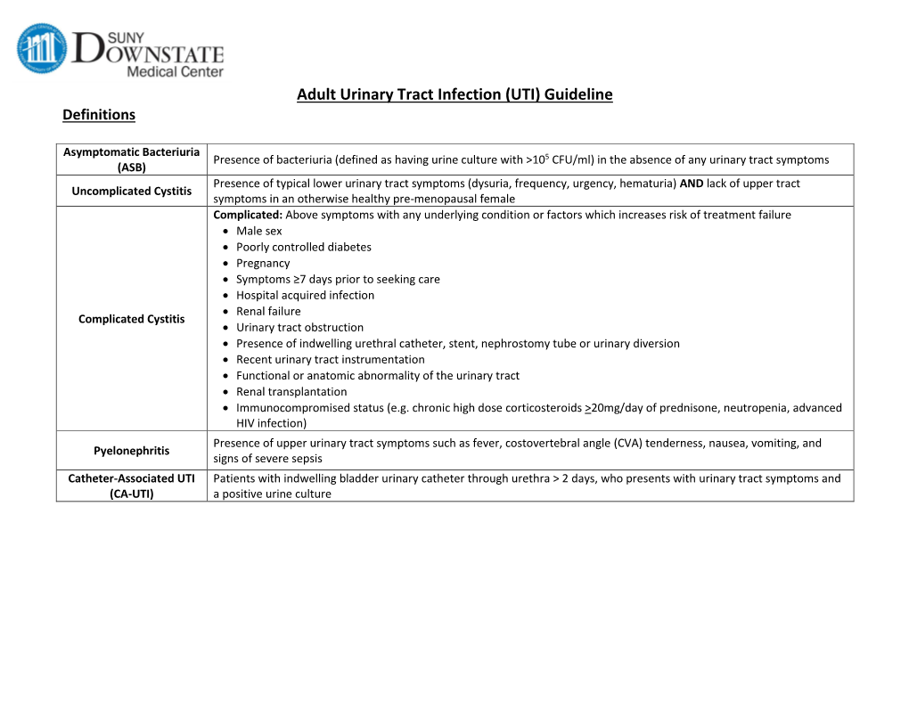 Adult Urinary Tract Infection (UTI) Guideline Definitions