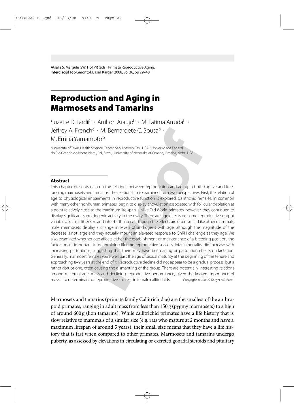 Reproduction and Aging in Marmosets and Tamarins Suzette D