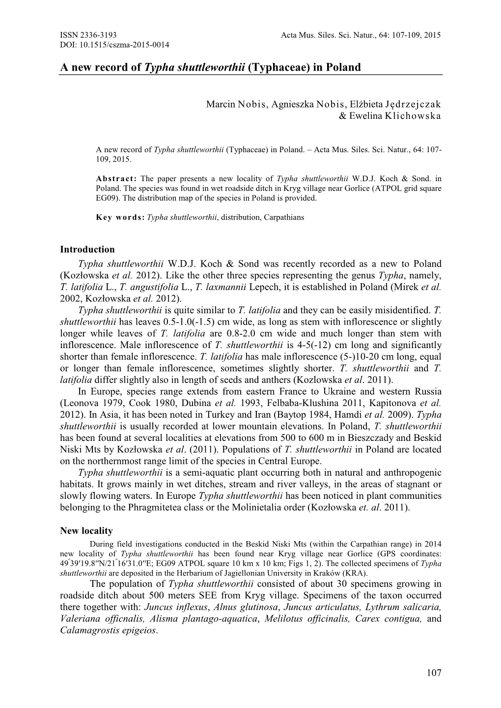 A New Record of Typha Shuttleworthii (Typhaceae) in Poland