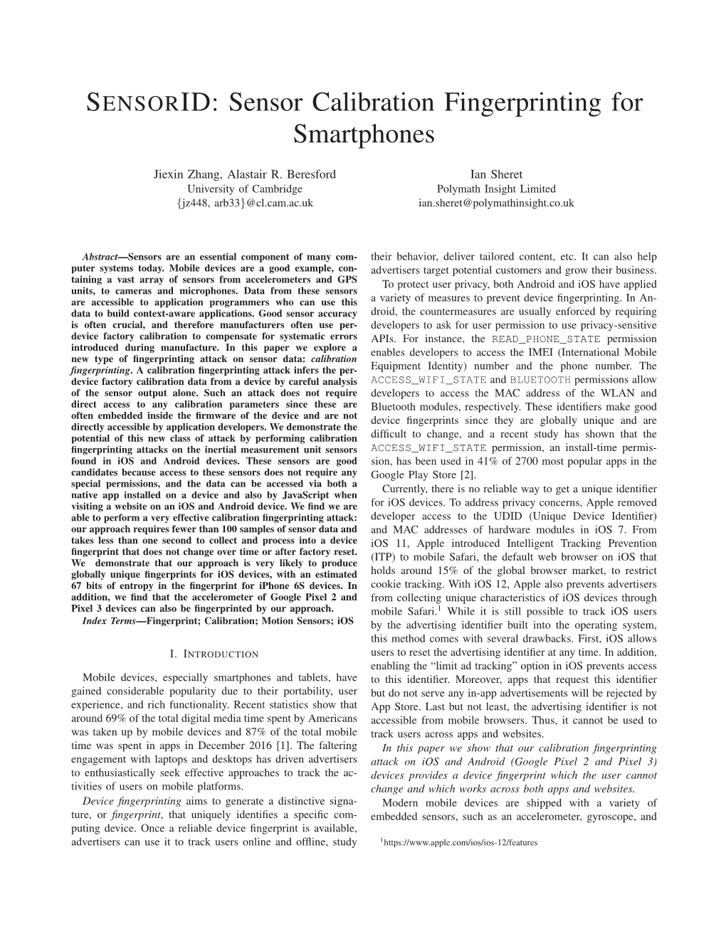 Sensor Calibration Fingerprinting for Smartphones