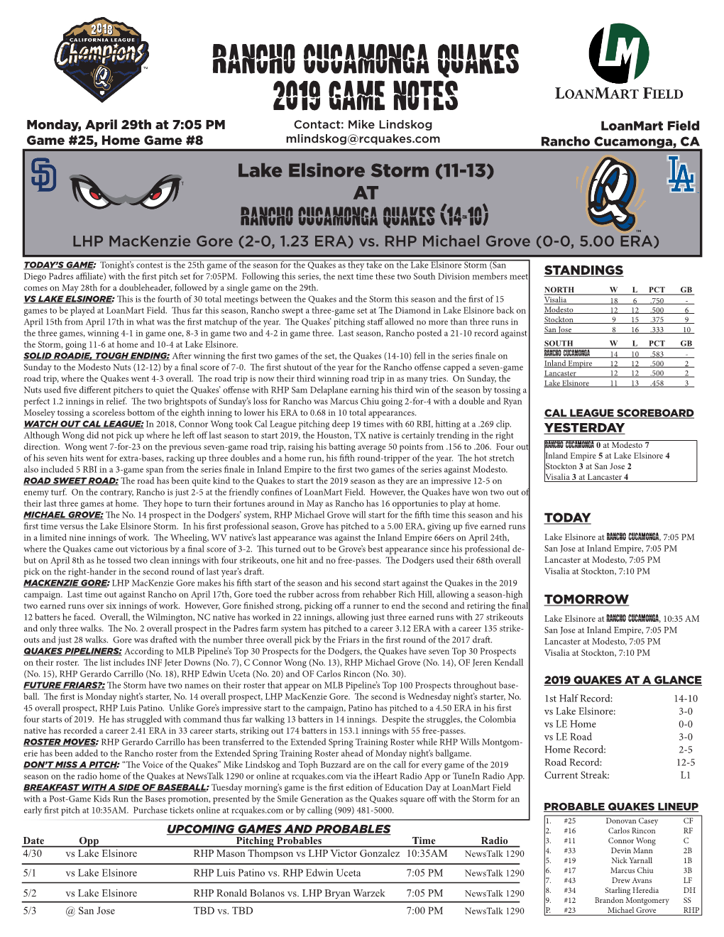 Rancho Cucamonga Quakes 2019 Game Notes