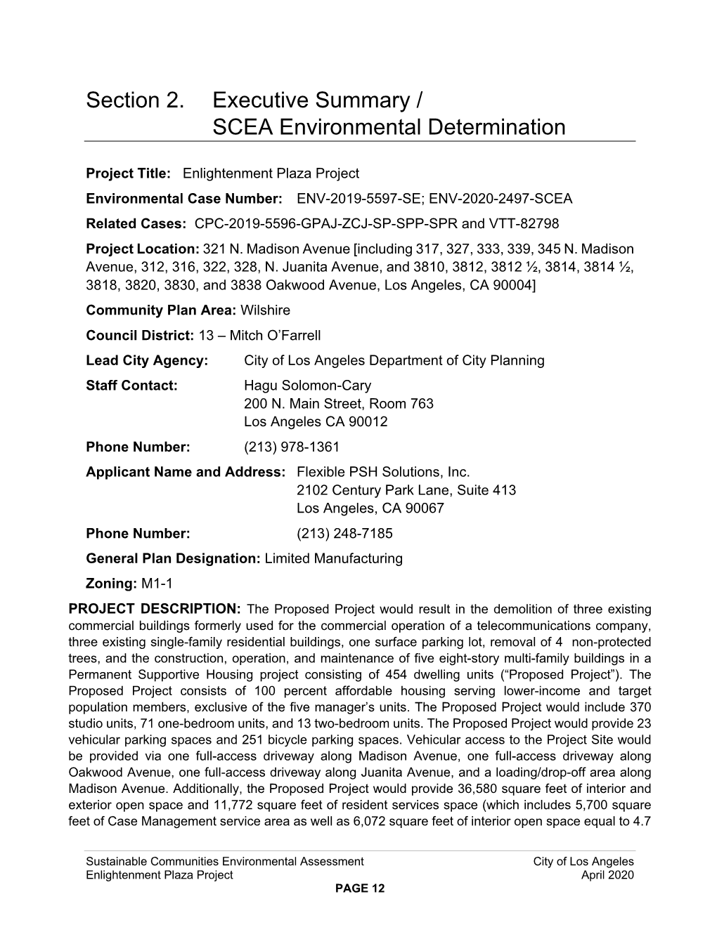 Section 2. Executive Summary / SCEA Environmental Determination