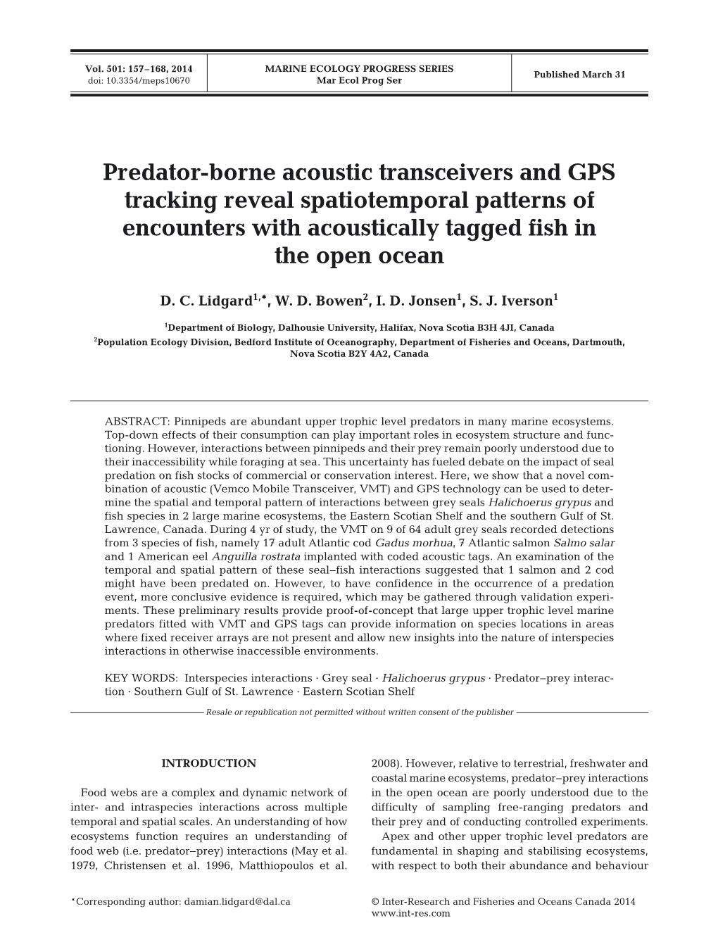 Predator-Borne Acoustic Transceivers and GPS Tracking Reveal Spatiotemporal Patterns of Encounters with Acoustically Tagged Fish in the Open Ocean