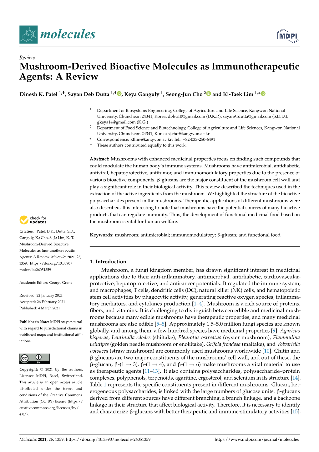 Mushroom-Derived Bioactive Molecules As Immunotherapeutic Agents: a Review