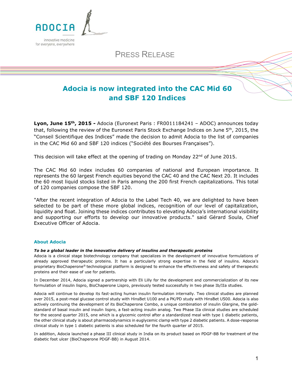 PRESS RELEASE Adocia Is Now Integrated Into the CAC Mid 60