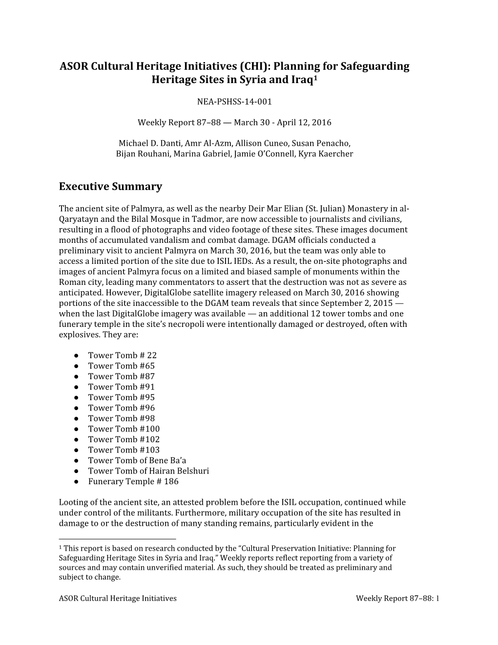 ASOR Cultural Heritage Initiatives (CHI): Planning for Safeguarding Heritage Sites in Syria and Iraq1