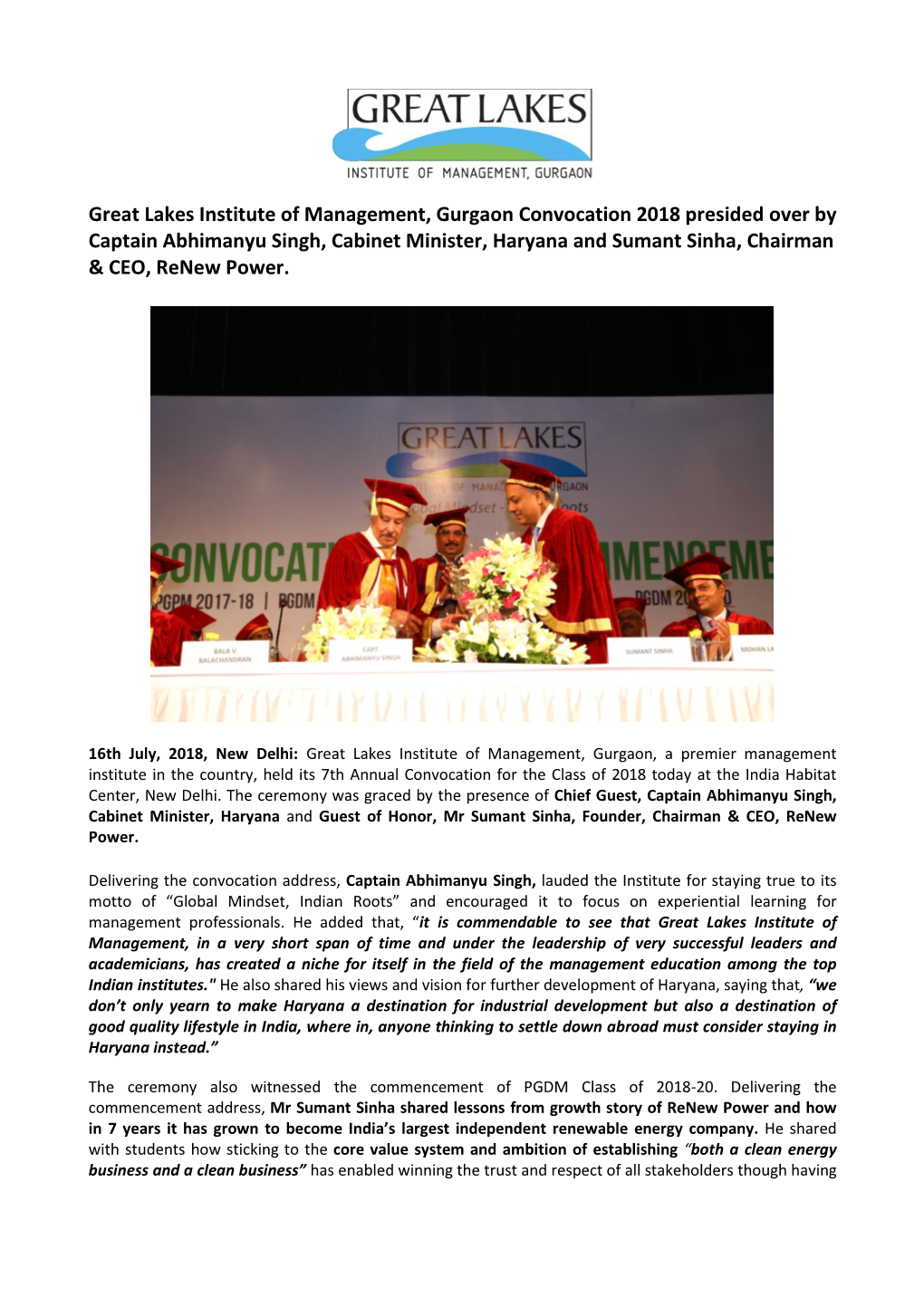 Great Lakes Institute of Management, Gurgaon Convocation 2018