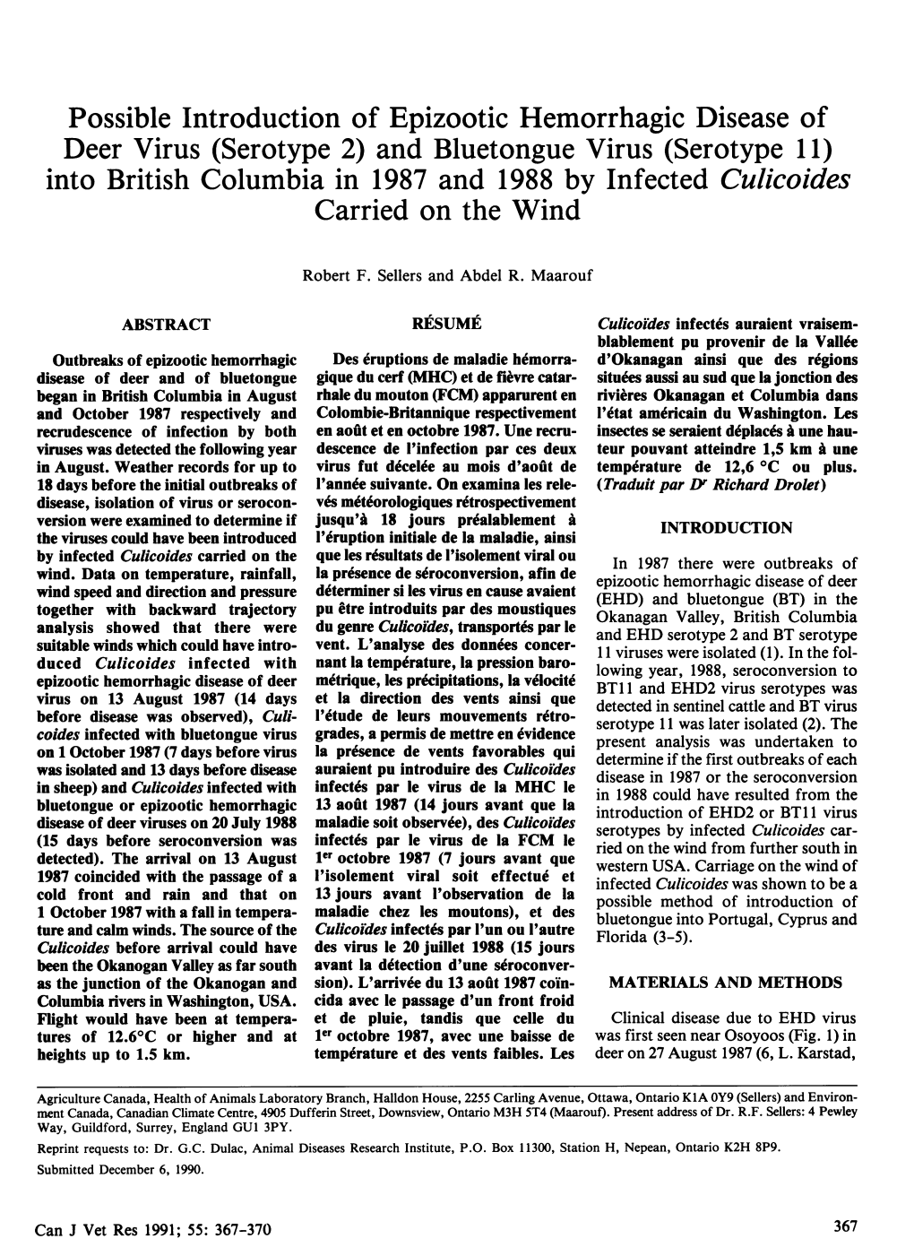 And Bluetongue Virus (Serotype 11) Into British Columbia in 1987 and 1988 by Infected Culicoides Carried on the Wind