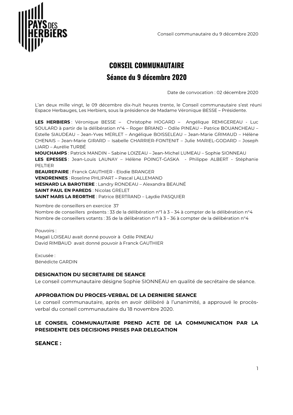 CONSEIL COMMUNAUTAIRE Séance Du 9 Décembre 2020