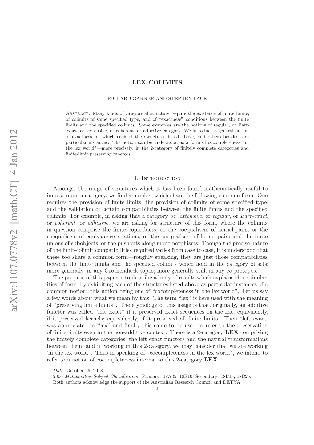 Arxiv:1107.0778V2 [Math.CT] 4 Jan 2012 I H E Ol” Hsi Paigo Ccmltns Nth in “Cocompleteness of Speaking in Thus World”