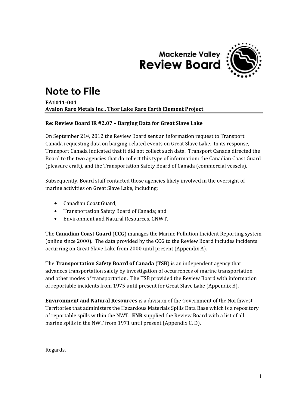 Note to File Regarding Review Board IR #2.07