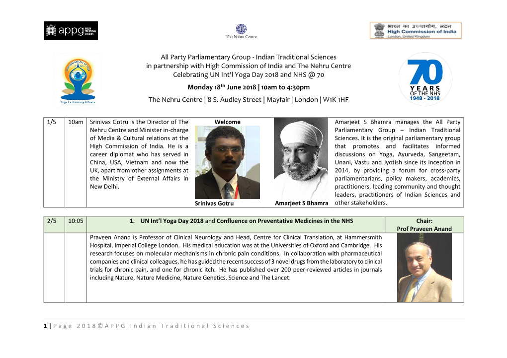 Indian Traditional Sciences in Partnership with High Commission of India and the Nehru Centre Celebrating UN Int'l Yoga Day 2018 and NHS @ 70