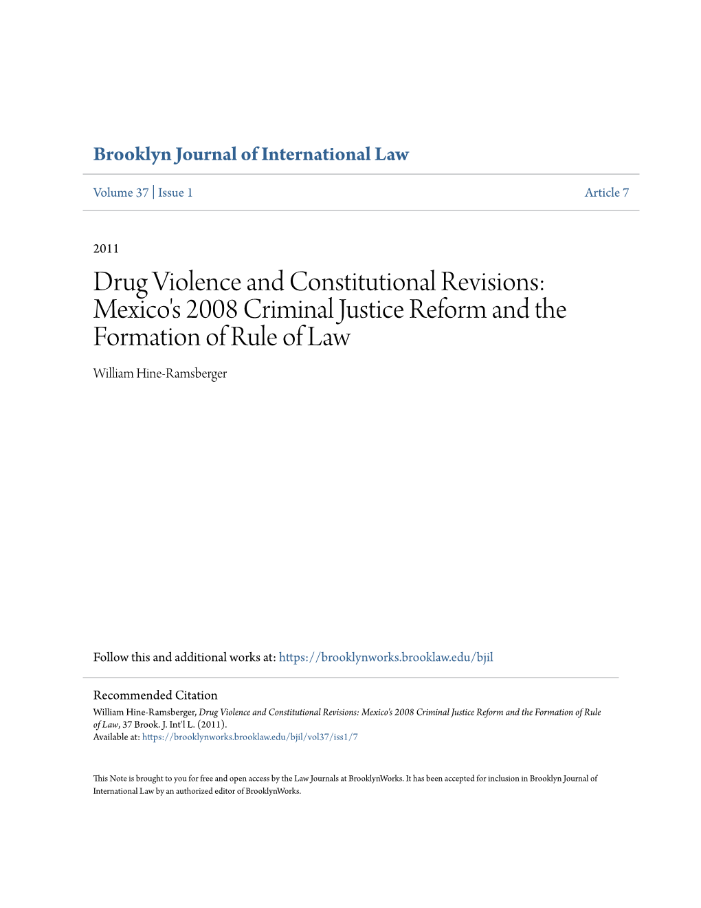 Mexico's 2008 Criminal Justice Reform and the Formation of Rule of Law William Hine-Ramsberger