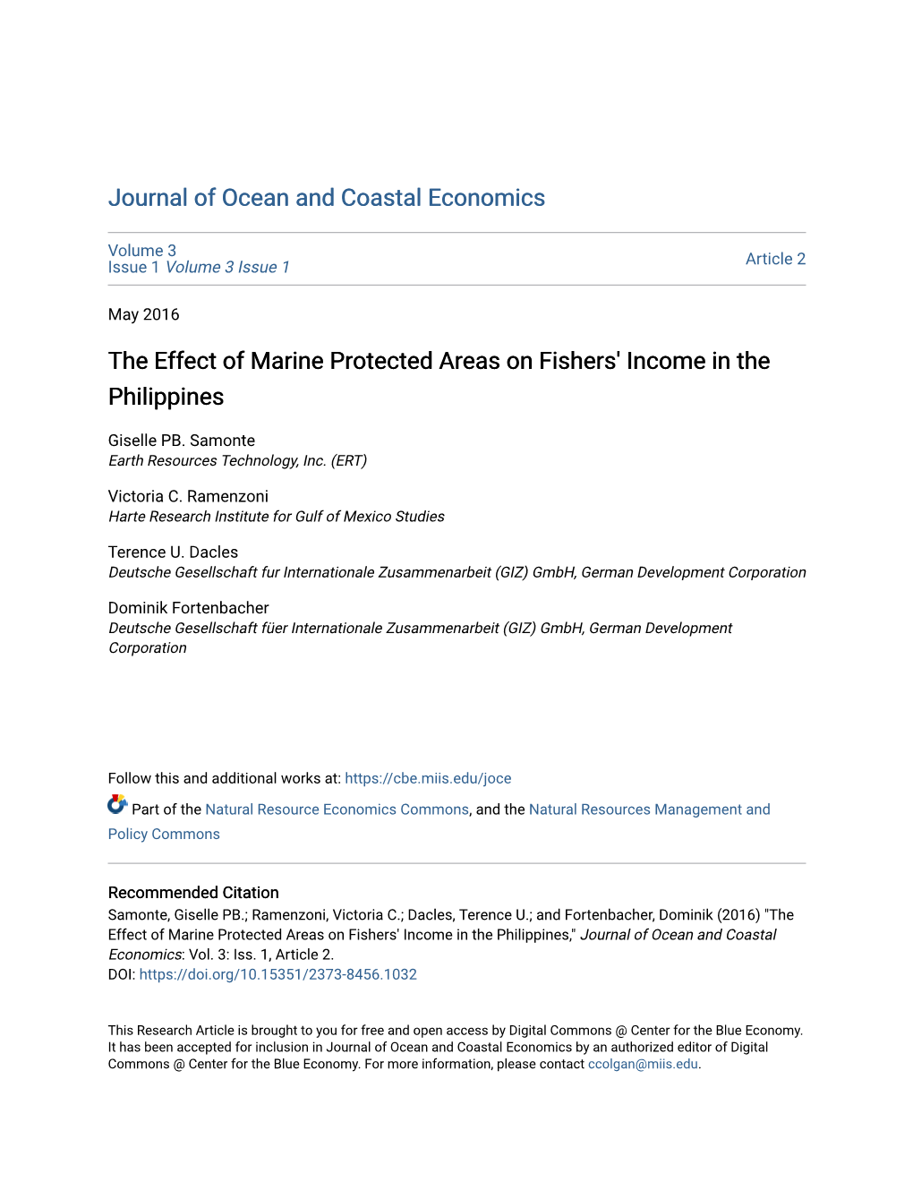 The Effect of Marine Protected Areas on Fishers' Income in the Philippines
