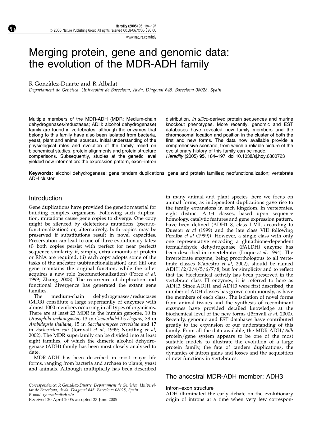 Merging Protein, Gene and Genomic Data: the Evolution of the MDR-ADH Family