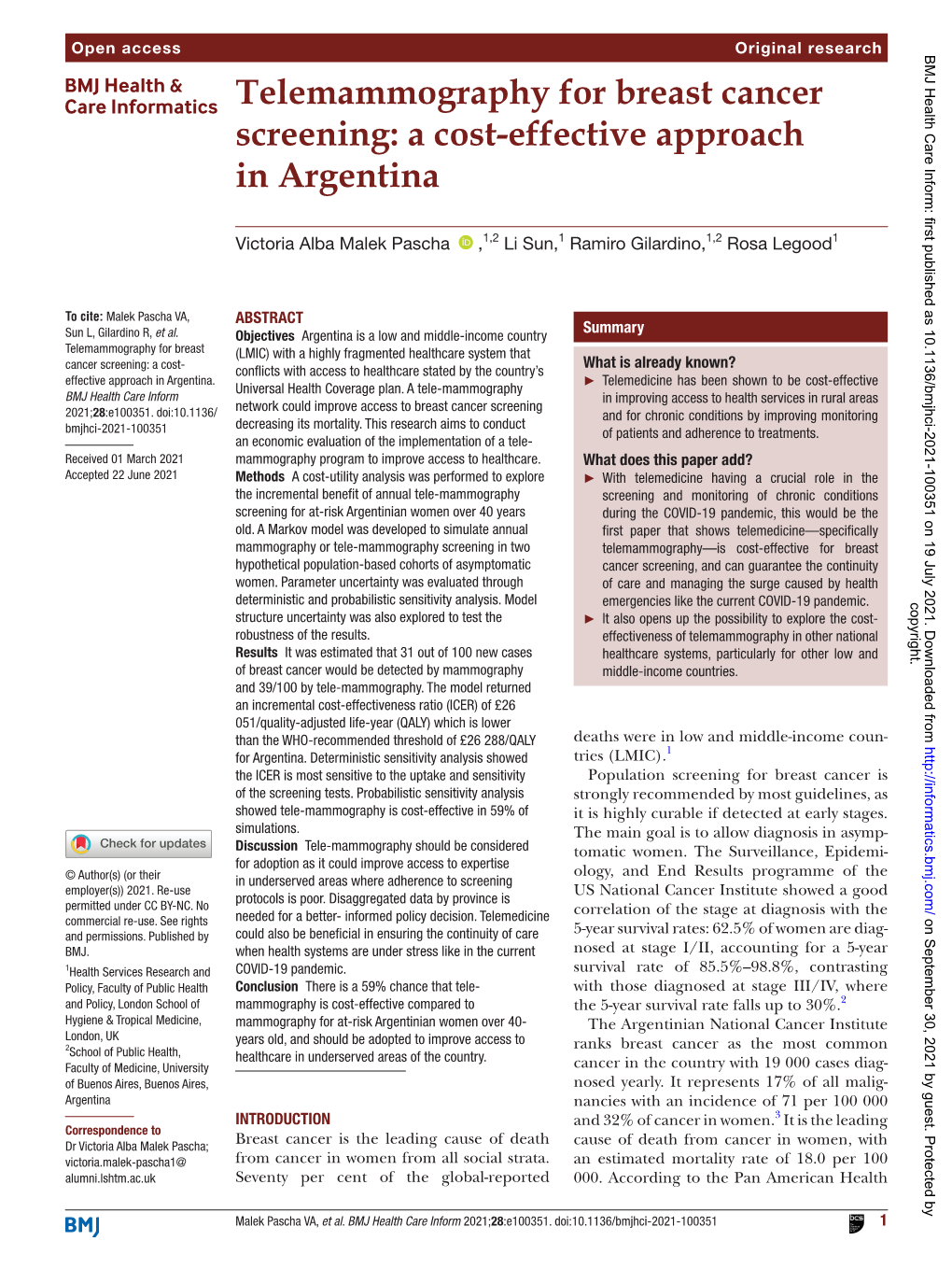 Telemammography for Breast Cancer Screening: a Cost-­Effective Approach in Argentina