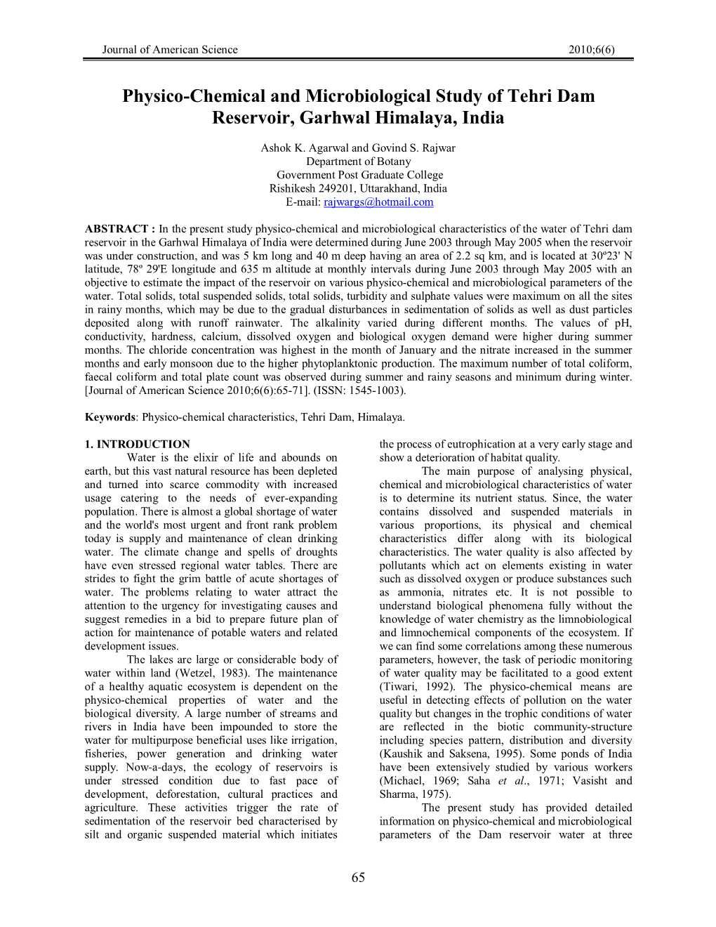 Physico-Chemical and Microbiological Study of Tehri Dam Reservoir, Garhwal Himalaya, India