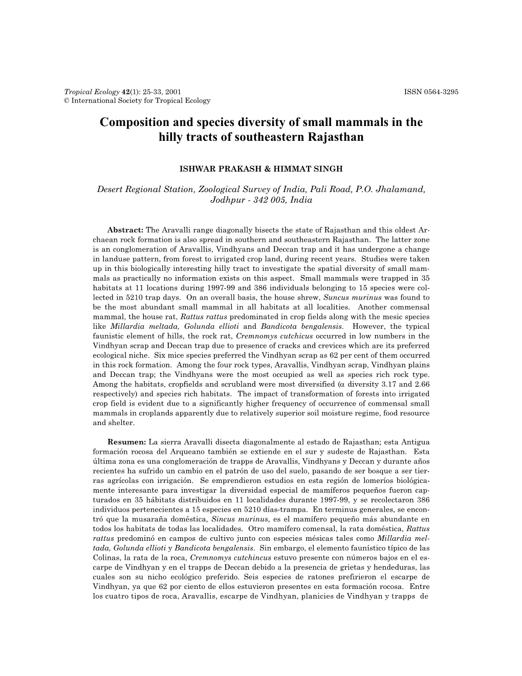 Composition and Species Diversity of Small Mammals in the Hilly Tracts of Southeastern Rajasthan