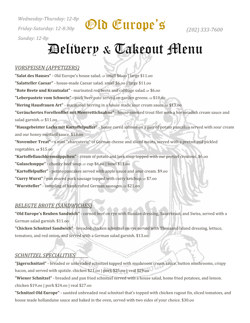 Old Europe's Delivery & Takeout Menu