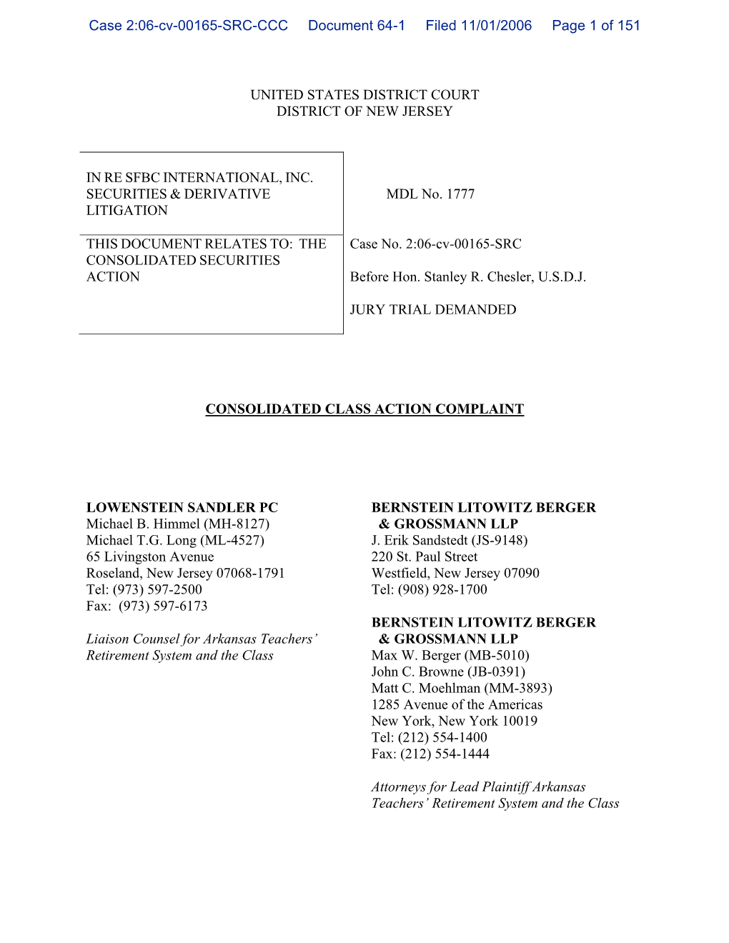 SFBC International Inc. Securities and Derivative Litigation 06-CV-00165