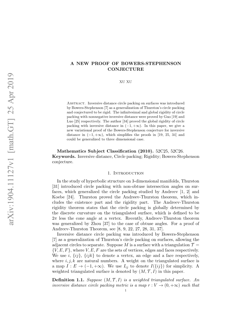 Arxiv:1904.11127V1 [Math.GT] 25 Apr 2019 Keywords